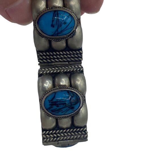 Alpaca Mexico Statement Bracelet Blue Cabochon Stones - Picture 7 of 8